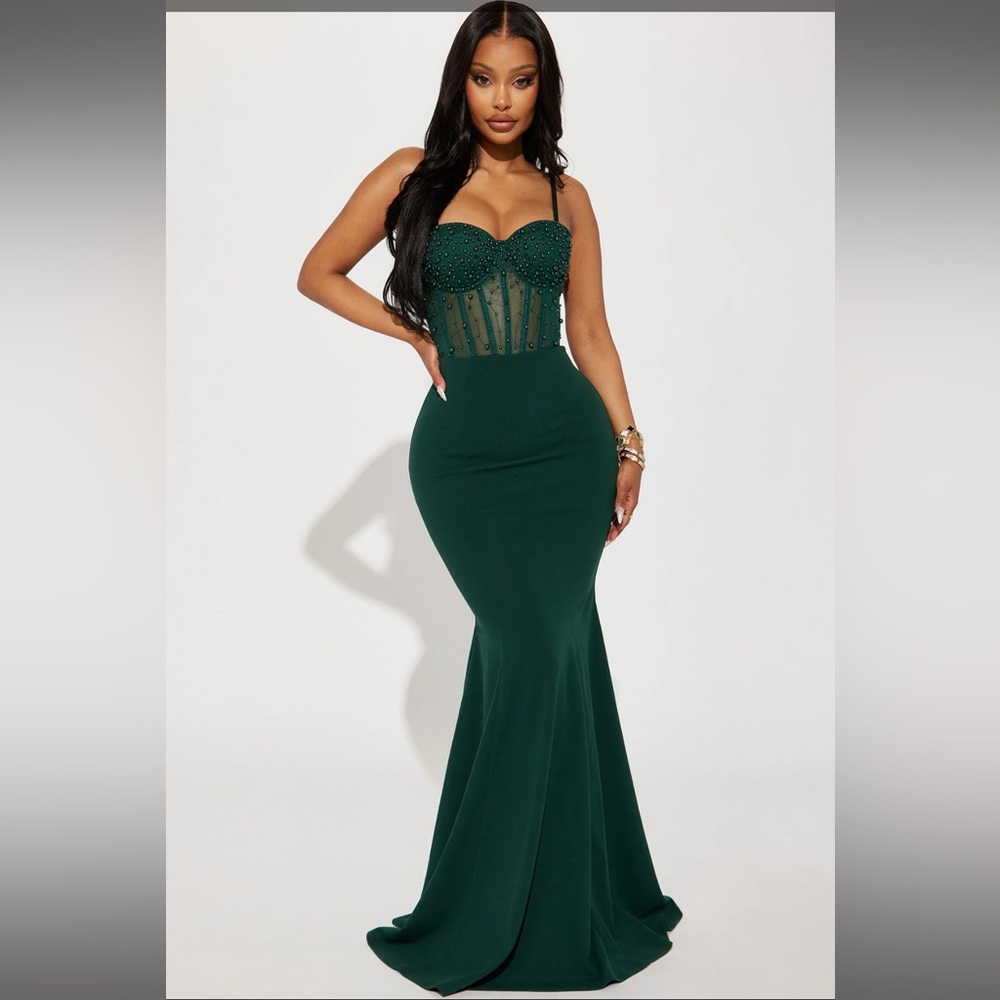 Emerald green beaded corset dress